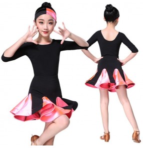 Kids latin dress for girl's children pink orange blue competition stage performance ballroom salsa rumba dance dresses