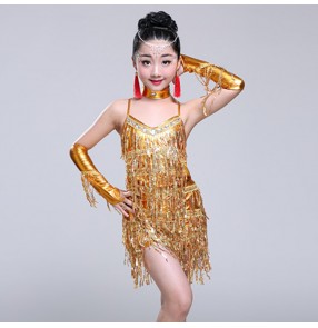 kids latin dress for girl's performance competition paillette fringes pink red gold silver blue latin salsa rumba dance dress