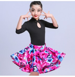 Kids Latin dress for girls children floral red competition stage performance ballroom latin dresses