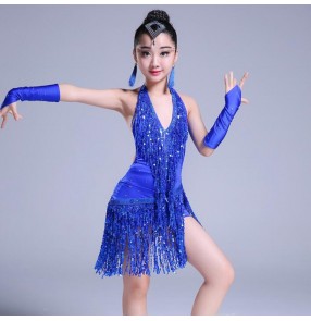 Kids latin dress for girls children purple white royal blue fringes paillette competition performance latin dancing dress