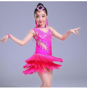 Kids latin dress for girls pink black diamond fringes competition stage performance salsa chacha rumba dance dresses