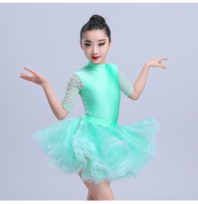 Kids latin dresses for girls mint coral lace stage performance competition salsa chacha rumba dance dresses costumes