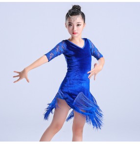 Kids latin dresses lace velvet pink royal blue black competition girl's performance ballroom salsa latin dance dresses