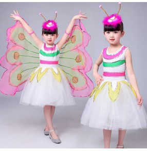 Kids modern jazz dance dresses girls white fuchsia yellow butterfly birds wings anime cosplay school performance singers dancers dancing outfits