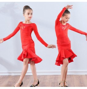 Lace girls latin dresses kids children ruffles skirt hem competition stage performance chacha rumba salsa dance dresses costumes