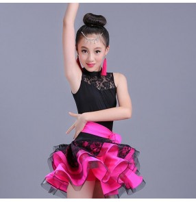 lace latin dress for girl's kids children stage pink green performance competition salsa chacha rumba dance dress outfits