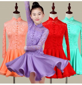 Lace Latin dresses for girls kids children mint purple red long sleeves competition performance ballroom salsa samba dresses