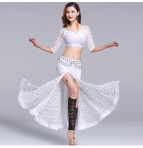 Lace white black fuchsia royal blue green sexy fashion women's performance competition belly dance top skirts dresses costumes