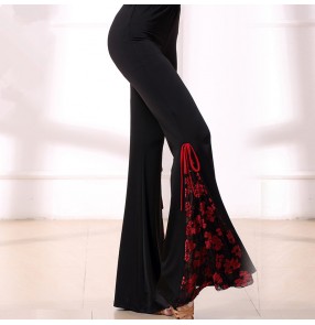 Latin ballroom dance pants for women female black lace patchwork competition flare legs performance long pants trousers