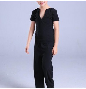 Latin dance tops pants outfits for boys kids children black competition performance exercises ballroom latin tops and pants