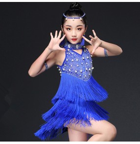 Latin dress for kids girls blue red black white beads diamond competition ballroom latin dress