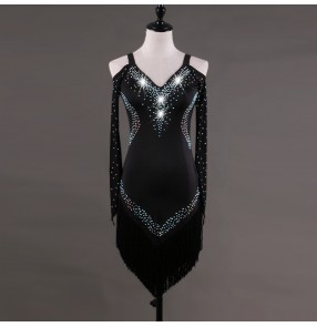 Latin dress for women's female competition stage performance diamond black long sleeves rumba salsa chacha dance dress