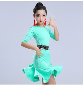 Latin dresses for girls stage performance competition children kids mint red black salsa samba chacha dresses