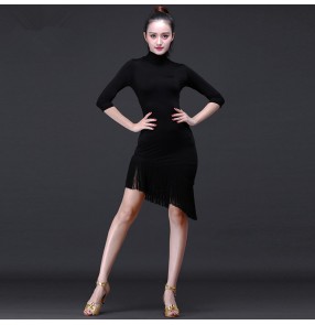 Latin dresses women's black long sleeves microfiber fringes latin salsa cha cha rumba dance dresses