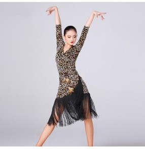 Leopard printed velvet half sleeves fashion sexy women's competition professional fringes latin cha cha rumba salsa dance dresses