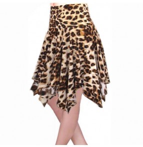 Leopard red black irregular hem short length girl's women's salsa latin practice dance skirts