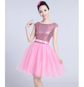 Light pink cheer leaders performance dresses women's female sequined modern dance singers dancers ds dresses costumes