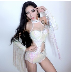 Light pink fringes sequined glitter sexy women's girls singers dj ds night club bar cheer leaders stage performance bodysuit leotards