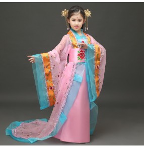 Light pink red turquoise girl's children princess tang dynasty Chinese folk anime fairy dance cosplay stage performance dance dresses costumes