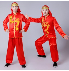 Men's chinese folk dance costumes dragon boat lion competition performance male drummer dancing tops and pants