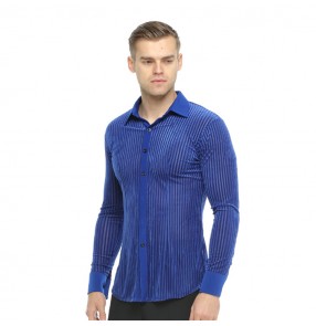 Men's latin shirts ballroom for male competition performance waltz tango long sleeves striped shirts tops 