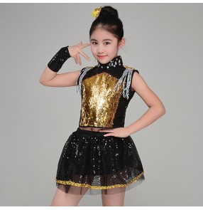 Modern dance hiphop outfits for girls boys gold blue paillette stage performance jazz cheerleaders cosplay costumes