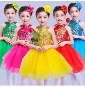 Modern dance jazz dresses for girls kids children stage performance green gold blue pink princess ballroom team singers chorus cosplay dresses