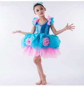 Modern dance jazz Turquoise pink girl's kids children flower girls sequined glitter stage performance jazz ball skirted carnival dancing dresses costumes