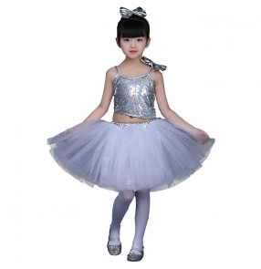 Modern dance outfits for girls kids children sequined princess flower silver green girls performance jazz singers chorus  dancing dresses