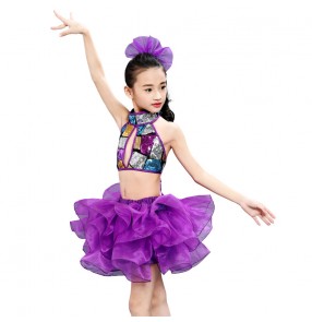 modern dance outfits for Kids violet girl sequined jazz dance dress singers hiphop cheerleaders performance dresses 