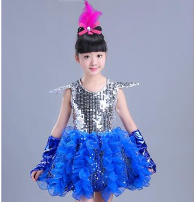 Modern dance Royal blue fuchsia feather girl's kids children stage performance competition sequined princess jazz singers dancers dancing dresses
