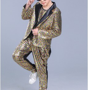 Modern hiphop dance boy's kids children rainbow sequined long sleeves school party competition drummer stage performance singers dancers jazz dancing outfits