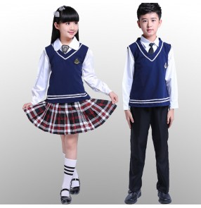 Navy blue plaid skirt knitted girl's boys England style stage student performance school competition singers chorus dancing school uniforms