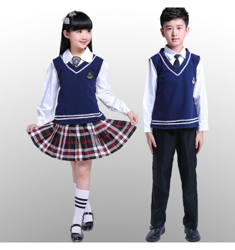 Navy blue plaid skirt knitted girl's boys England style stage student ...