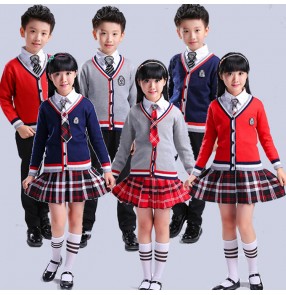 Navy red grey Girl boys kids children Japanese School Uniform student chorus dance Cosplay Costume England style Plaid Skirt Tops sweater Sets