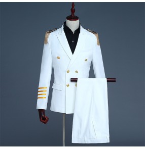 Navy white England style palace men's male competition host performance singers jazz dance coats blazers and pants