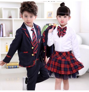 Navy white red plaid England style boy's girl's children school competition chorus stage performance student cosplay dance uniforms costumes