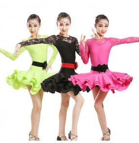 Neon green black pink Children lace Dance Dress For Girls ChaCha Kid Competition Latin Dress Dancing Kids Girl Class Dancewear Kid Latin Costume