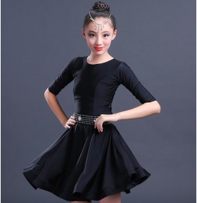 Neon violet black Turquoise orange half sleeves competition professional girl's children kids ballroom latin salsa dance dresses costumes