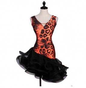 Orange leopard printed inclined ruffles skirt hem sexy fashion women's competition rumba salsa latin dance dresses