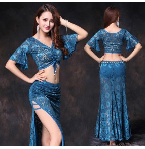 Peacock blue purple wine colored lace fashion women's girl's competition stage performance queen belly dance costumes top skirts dresses 