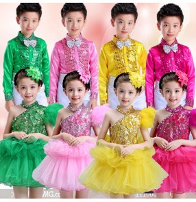 Pink fuchsia green yellow green boy's girl's stage performance modern dance school competition chorus jazz singers dance costumes outfits