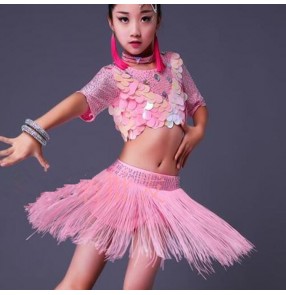 Pink girls latin dress for kids children white competition sequined diamond competition performance latin dancing dresses