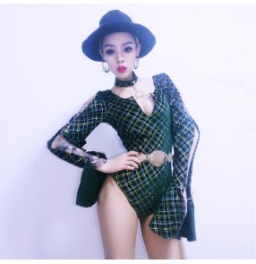 Plaid dark green printed fashion long sleeves women's female competition stage performance jazz singers dj ds night club dancing bodysuits leotards