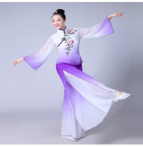 Purple violet gradient colored women's female Chinese folk yangko dance stage performance traditional classical fan dance costumes outfits