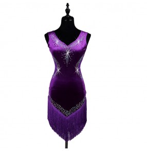 Purple violet velvet rhinestones competition professional women's girl's latin salsa cha cha dance dresses