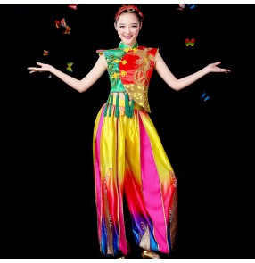 Rainbow Chinese folk traditional classical women's female new celebration dragon drummer fan yangko performance dance dresses costumes