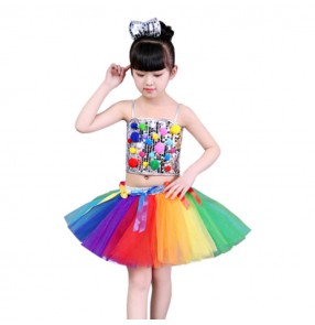 Rainbow girls jazz dance dress school competition stage performance princess flower girls party show cosplay outfits