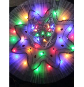 Rainbow led  girl's ballet dresses performance competition swan lake children kids white plate cake tutu skirt dresses