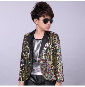 Rainbow sequined boys kids children stage performance jazz singers dancers model show cosplay hip hop dancing jackets blazers